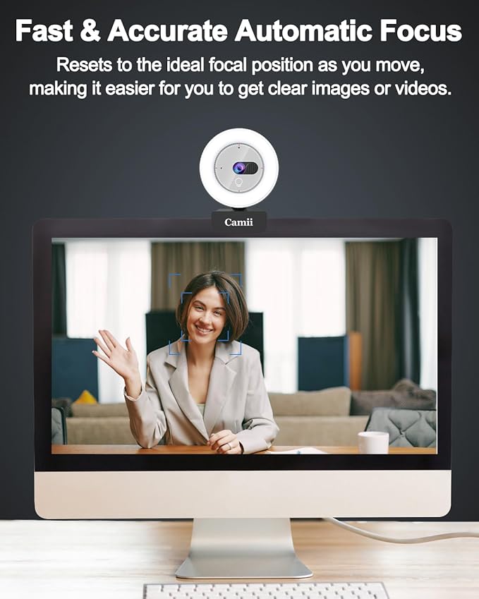 Camii 2K Webcam with Light HD Webcam for PC with Built-in Privacy Cover Adjustable Brightness Noise Reduction Mics for Zoom Skype Teams Laptop and Google Meet