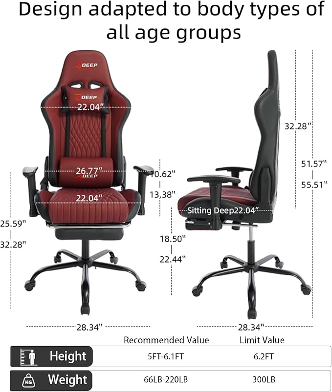 Video Game Chair with Footrest Ergonomic Comfortable Gaming Office Chair Height-Adjustable with a 360° Swivel Base and Headrest(1002-Red)