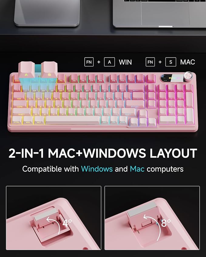 V102 Wired Keyboard 98 Keys Creamy Gaming Keyboard with Number Pad Display Screen &amp Media Knob RGB Silent Wired Cute Computer Keyboard for Laptop PC Gamer - Gradient Pink