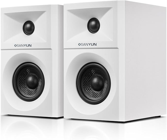 Sanyun SW203 4.0 Computer Speakers - 60W 4-Way DSP Control 3D Immersive Sound - 3 Carbon Fiber Woofer &amp 20mm Silk Dome Tweeter - 24bit DAC USB/Bluetooth 5.4/AUX - Studio-Grade Audio (Pair White)