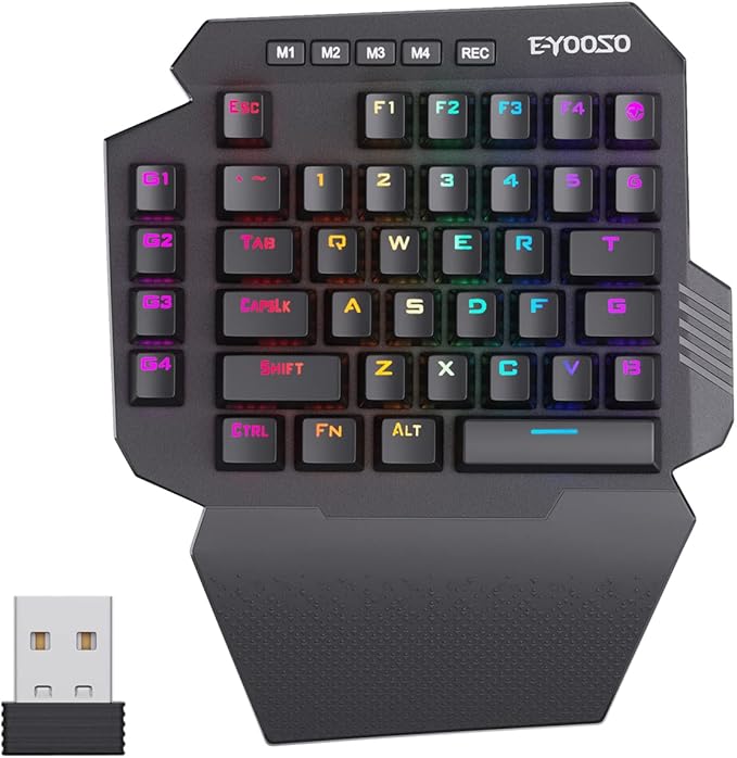 HUO JI Wireless One Handed Mechanical Gaming Keyboard 6 Onboard Macro Keys 2.4Ghz and USB-C Wired Dual Mode RGB Led Backlit Blue Switch Wrist Rest Durable Battery
