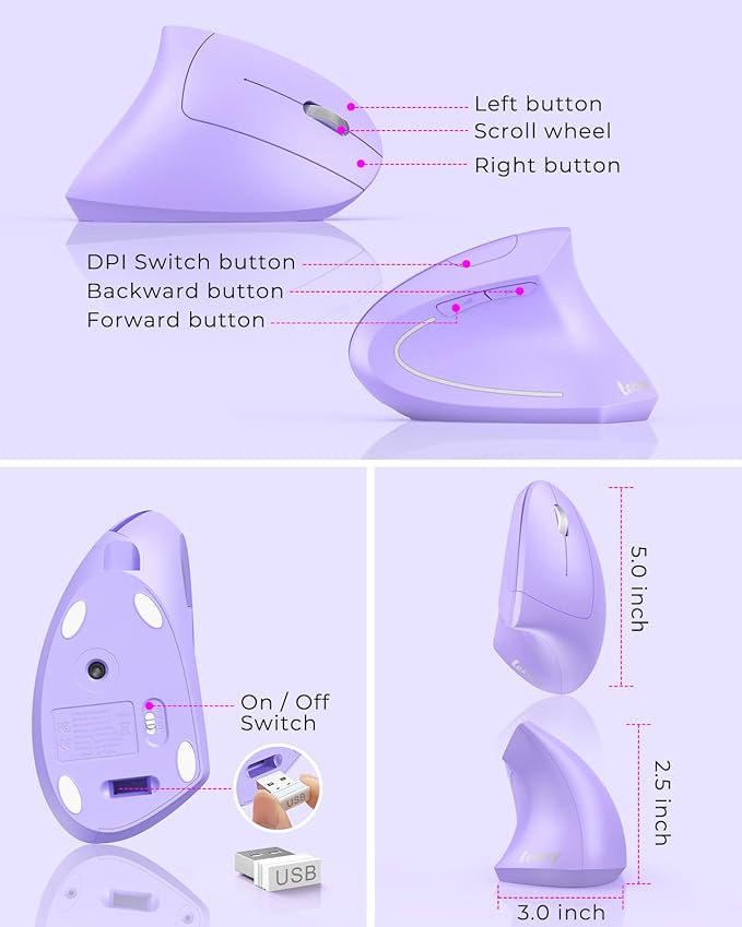 Lekvey Ergonomic Mouse Vertical Wireless Mouse Rechargeable 2.4G Optical Carpal Tunnel Mice with USB Receiver: 1000/1200 / 1600 DPI 6 Buttons for Laptop Computer PC Desktop Light Purple