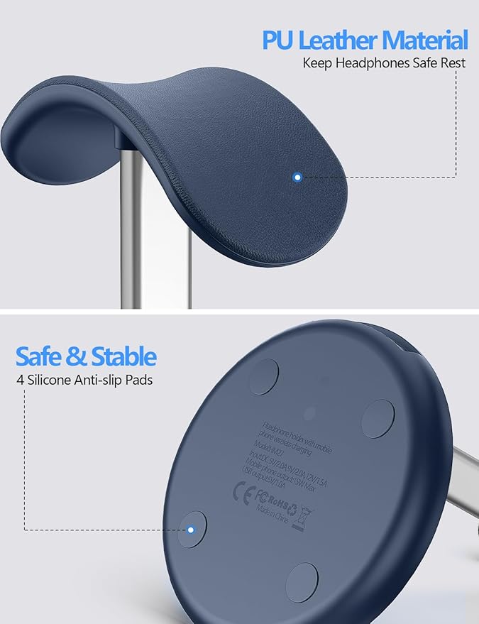 Miroddi Headphone Stand with Wireless Charger Independent USB Charging Port 5 in 1 Charging Station Headset Holder Rack for iWatch iPhone Samsung and Desk All Headphones Dark Blue