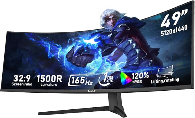 Gawfolk 49 inch Ultra-Wide Curved 1500R Gaming Computer Monitor DQHD(5120×1440) 165Hz 1MS FreeSync 120% sRGB Height Adjustable PC Screen HDMI2.1DP1.4 Compatible Wall Mount 75 * 75mm - Black