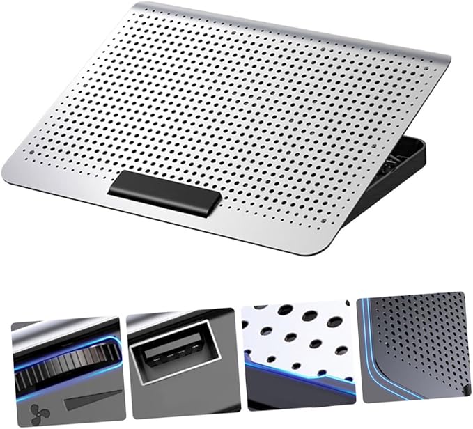 Gatuida Aluminum Laptop Radiator Cooling Stand with Quiet Exhaust Fan Adjustable Height Computer Rack for Home Office School Use Ergonomic Notebook Cooler with Enhanced Airflow and Stable
