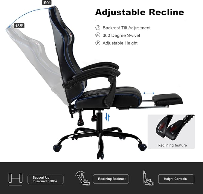 Blue Gaming Chair for Adults with Footrest and Lumbar Support Height Adjustable Office Chair with 360°-Swivel Seat and Headrest for Office or Gaming Comfortable Executive Office Chair