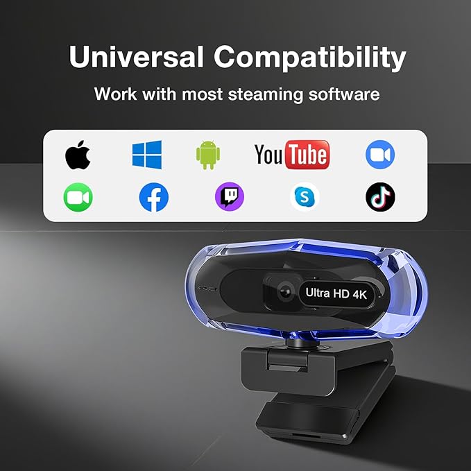 4K Webcam for PC 4K Webcam with Remote Control and RGB Light Autofocus Streaming Camera for PC/Mac Plug and Play Computer Camera for Zoom/Skype/YouTube/Meeting