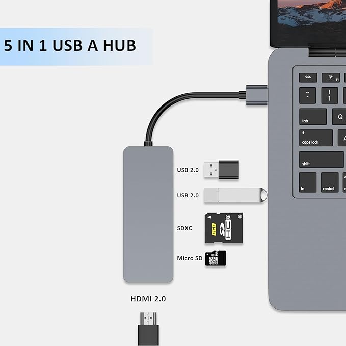 USB Hub 5 in 1 USB Adapter USB 3.0 Hub Multiport with HDMI 2 USB A 2.0 Ports SD/TF Card Reader USB A Docking Station Compatible with Win11/10/8/7/XP/Mac OS (Non Vista/Linux) (Space Gray)