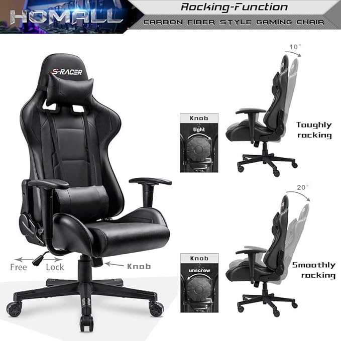 Homall Gaming Chair Office Chair High Back Computer Chair Leather Desk Chair Racing Executive Ergonomic Adjustable Swivel Task Chair with Headrest and Lumbar Support (Dark Black)