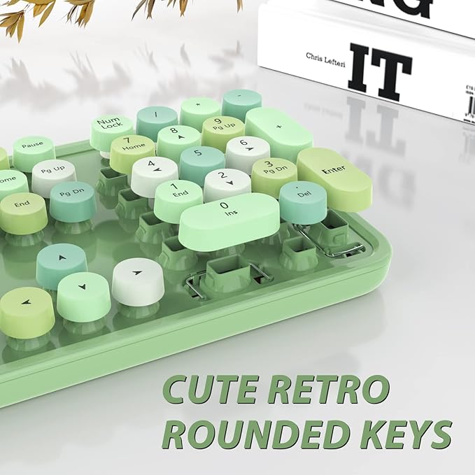 Green Wireless Keyboard and Mouse KOOTOP Cute Green Colorful Keyboard and Mouse 2.4G Wireless Keyboard with Retro Round Keycap for PC Mac LaptopTabletComputer Windows (Green)