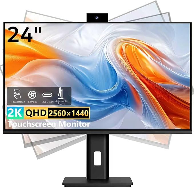 Touchscreen Monitor 24 Inch with Webcam Full HD 2560x1440P @100Hz 10-Point Multi Touch Screen PC Monitor HDMI VGA USB Port Built-in Speakers