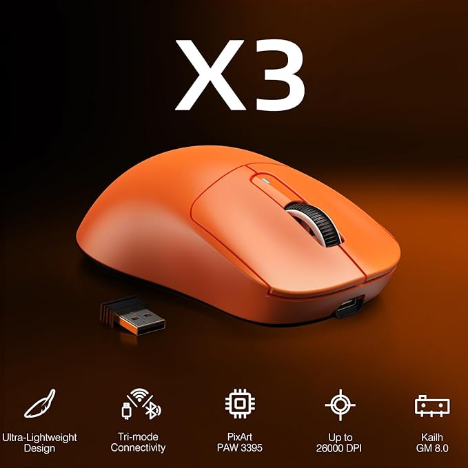 ATTACK SHARK X3 Wireless Gaming Mouse 49g Ergonomic Computer Mouse Triple Modes PAW3395 26K DPI Optical Sensor 200h Battery Life Programmable Buttons Gaming Accessories for PC/Laptop/Mac(Orange)