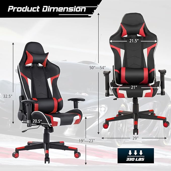 GYMAX Gaming Chair Massage Gaming Chairs for Adults with Headrest Lumbar Support &amp Armrest Video Computer Reclining Gaming Chair Office Desk Gamer Task Chair (Red)