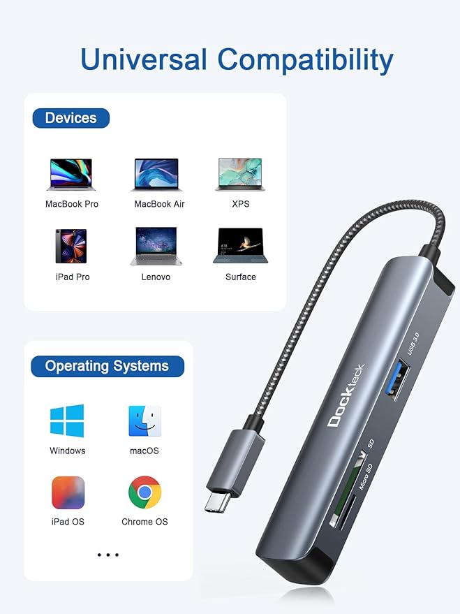 USB C Hub Multiport Adapter dockteck 5-in-1 USB-C Hub with 4K 30Hz HDMI SD/TF Card Slots 2* USB 3.0 5Gbps Data Ports for MacBook Pro MacBook Air iPad Pro XPS