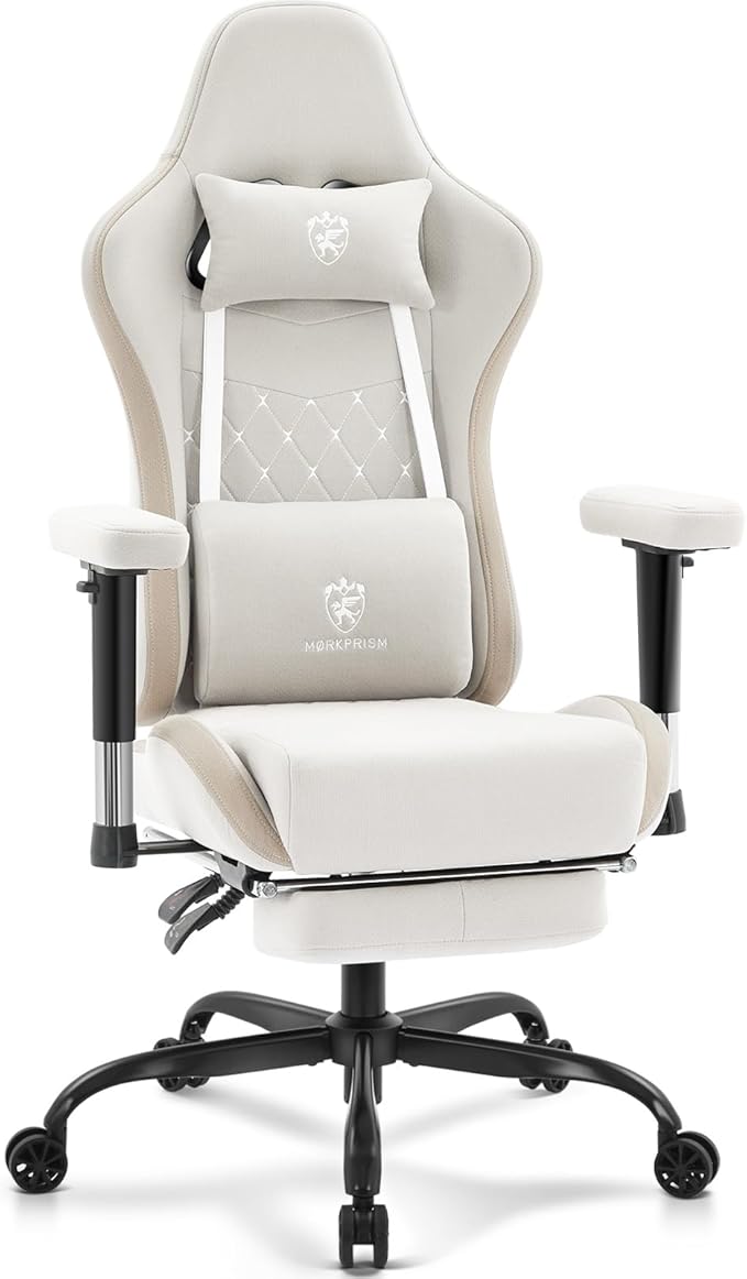 Gaming Chair Breathable FabricComputer Office Chair with FootrestMassage Lumbar Support and Gel PadErgonomic Reclining Gamer Chair with Adjustable Armrests and Spring Cushion Beige