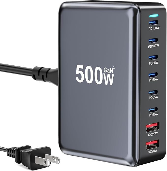 500W USB C Fast Charger Block Multi-port USB Charging Station GaN Ⅲ Double 100W PD PPS Port Fast Charging Station for Multiple DevicesLaptop Wall Charger Compatible with MacBook iPhone 17iPad etc