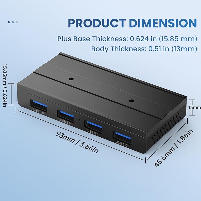 EJAY 4-Port Magnetic USB 3.0 Hub with 5Gbps Speed Aluminum USB Adapter for MacBook/Laptop/Desktop Industrial-Strength Magnetic Mount 3-Way Installation 59+39 Cables Black