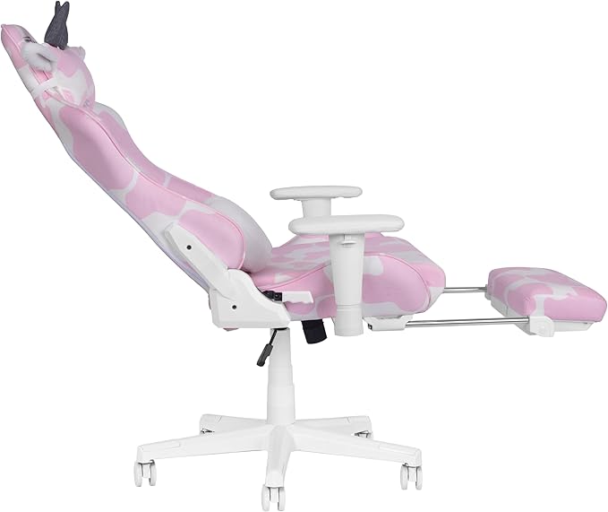 Techni Sport Gaming Chair - Pink Cow Print - Ergonomic Computer Chair with Fold-Away Footrest Memory Foam Lumbar Support Adjustable Armrests Reclining Back Horns &amp Ears Pillow 300 lbs Capaci