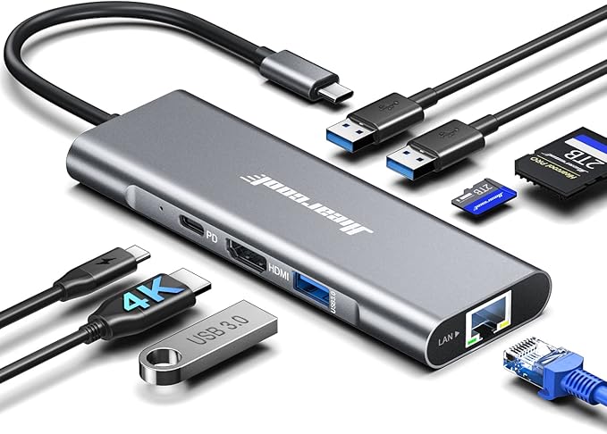 Hiearcool USB C Hub Ethernet 8-in-1 4K@60Hz USB-C to HDMI Multiport Adapter with 1Gbps RJ45 100W PD 3 USB 3.0 SD/TF Compatible for MacBook Pro/Air Dell Lenovo Laptops