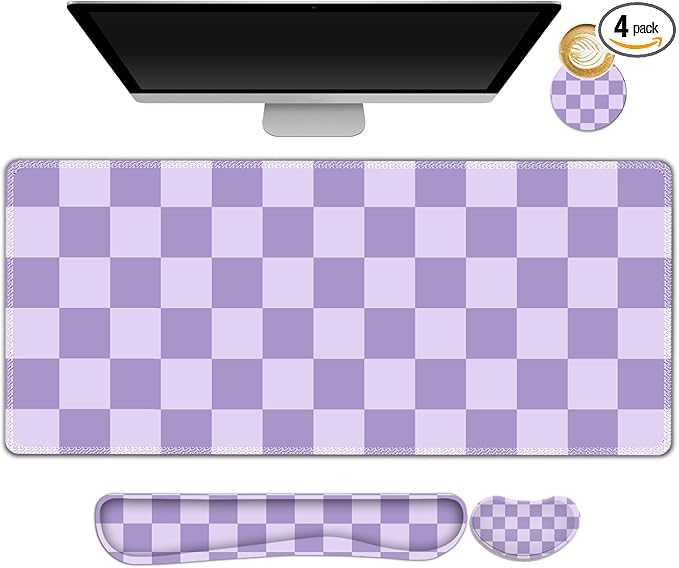 Large Gaming Mouse Pad Set 4 in1 Ergonomics Keyboard Desk Mat with Memory Foam Wrist Rest Extended Game Mousepad Non-Slip Desk Pad Matt Easy Typing Pain Relief I Light Purple Checkered