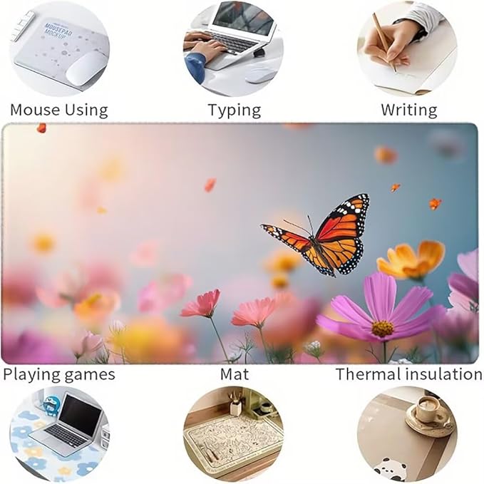 Large Mouse Pad Butterfly Desk Mat Pink Office Gaming Mouse Pad with Stitched Edges 24x16in Extended Mousepad with Non-Slip Waterproof Rubber Base for PC Laptop Desk Home Office Accessories a-1424