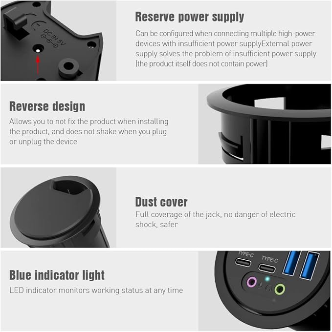 ineo Grommet Desk-Fit (Diameter 2.3 to 2.4) 2Type A + 2Type C with 3.5mm Audio Mic Jack + 3.2 Expandable case (Power is not Included)[THC06 - VI Plus]