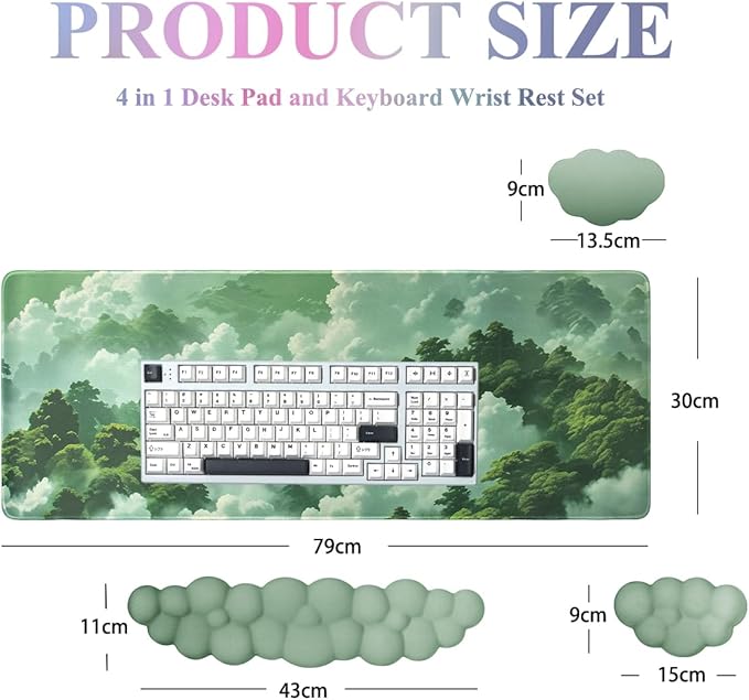 Gaming Desk Mat with Keyboard Wrist Rest Set 4 in 1 Large Mouse Pad &amp Cloud Keyboard Wrist Rest&amp Mouse Wrist Rest&ampCoaster Comfort and Support for Typing and Gaming（Green