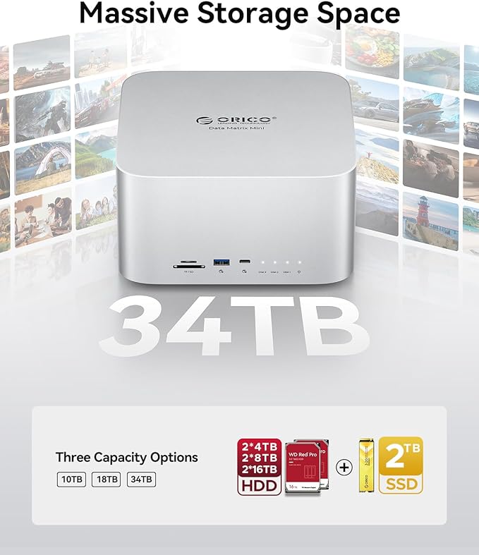 ORICO DataMatrix Mini 18TB Externsion Storage 2TB SSD with 16TB External Hard Drive 10Gbps USB-C&ampUSB A Docking Station Compatible with Thunderbolt 3/4/5 SD/TF/CF Card Reader for MacBook