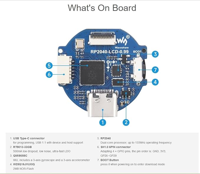 RP2040 MCU Board Onboard 0.99inch Round LCD 128 x 115 Pixels with CNC Metal Case BDual-core Arm Cortex M0+ Processor Accelerometer and Gyroscope Sensor Type-C Connector