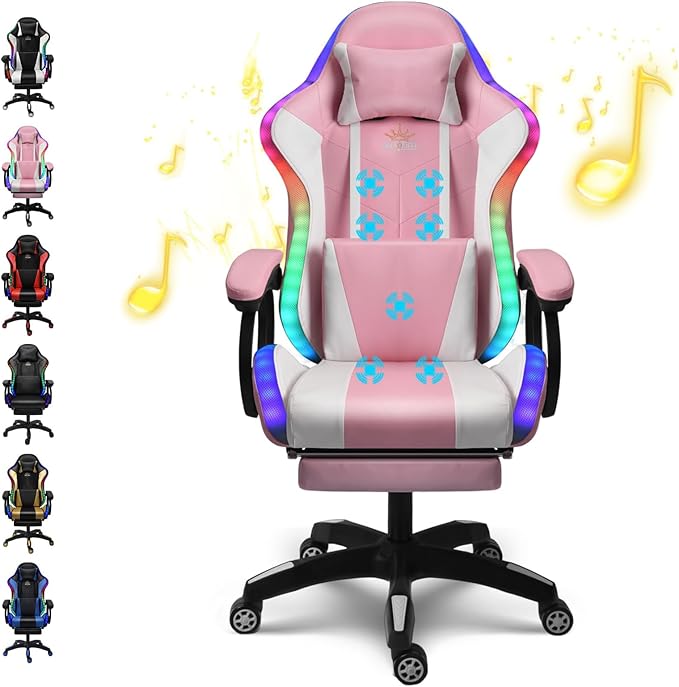 XOOFMASS Massage Gaming Chair with Speakers &amp RGB LED Lights Ergonomic Computer Gaming Chair with Footrest Music Video Game Chair High Back with Lumbar Support 360° Swivel &amp Height Adjustable