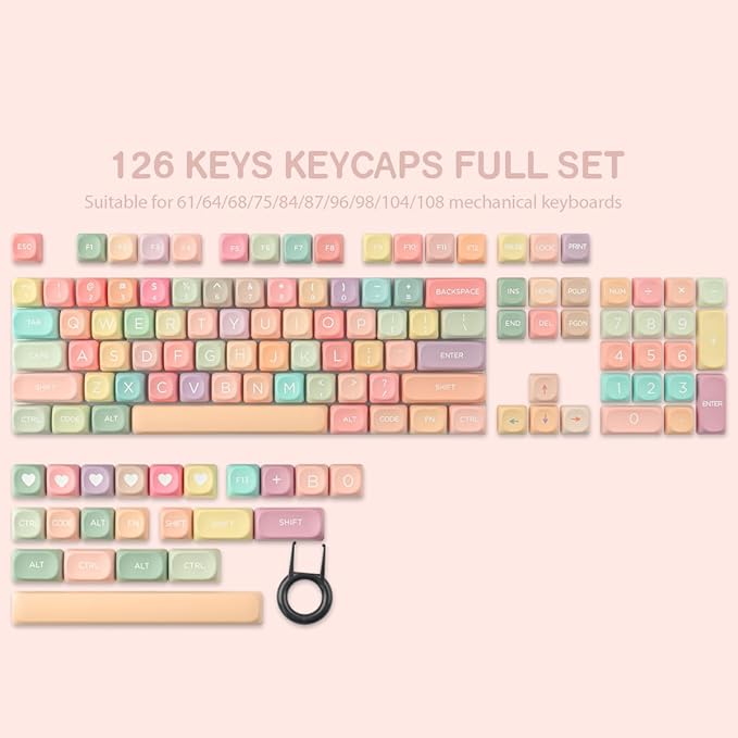 PBT Keycaps 126 Keys MOA Profile Cute Keycap Dye-Sublimation Rainbow Candy Keycaps Set Custom Keycap for Cherry Gateron MX Swithes Mechanical Keyboards (Only Keycaps)