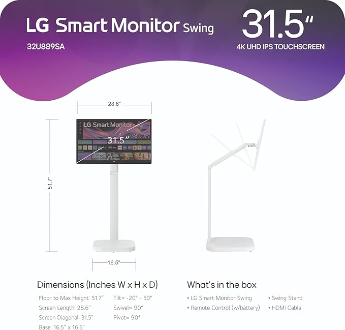 LG Swing 31.5 32U889SA 4K UHD IPS Smart Monitor Eyecare with Touchscreen Rolling Stand webOS AirPlay 2 + Screen Share Built-in Speaker HDMI USB-C 65W Tilt/Height/Swivel/Pivot Stand White