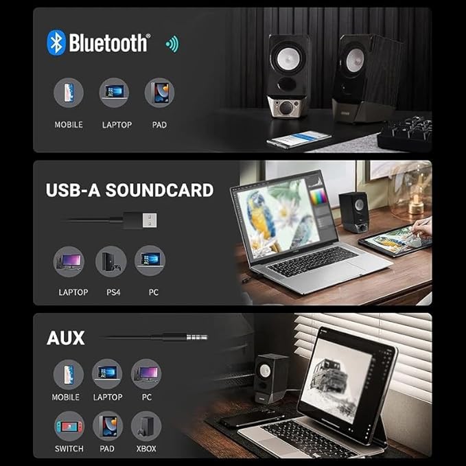 JSEIAJB Computer Speakers with V5.3 AUX Input 2W+2W Output Power Strong Bass USB-A for PC Tablet Laptop
