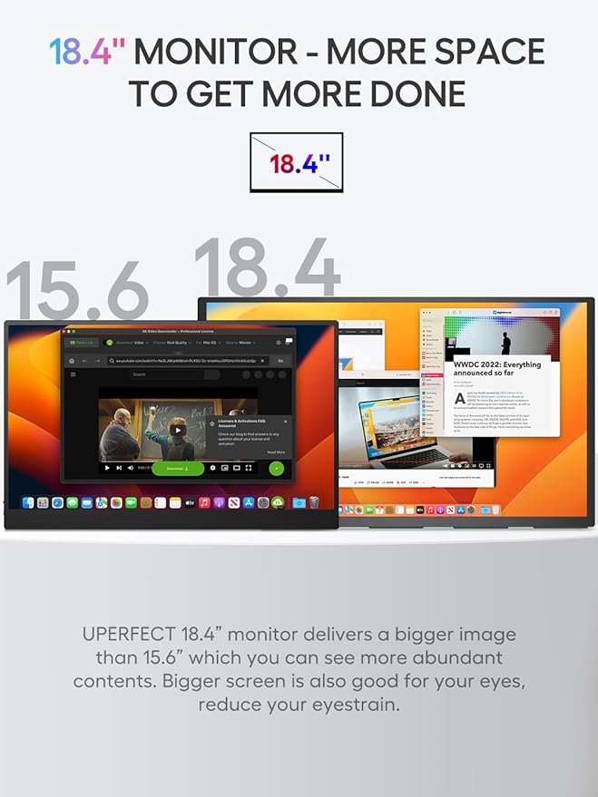 UPERFECT Portable Monitor 18.4-inch 4K 60HZ 10 Bit w/VESA &amp Stand 180° Adjustable Ultra-Slim &amp Lightweight Frameless FHD FreeSync IPS HDR Gaming Display Travel Second Monitor for Laptop