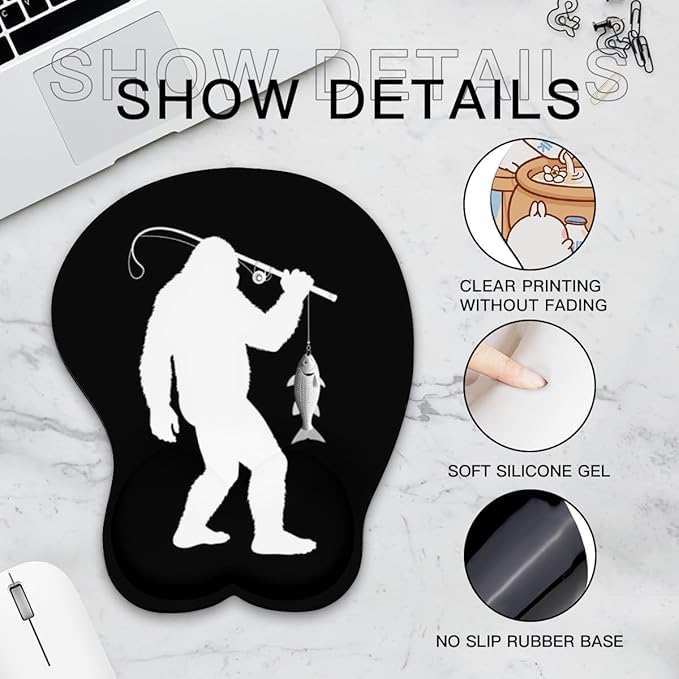 Mousepad Bigfoot Fishing Sasquatch Ergonomic Wrist Support Non-Slip Base Mouse Mat with Wrist Rest Computer Mousemat for Desk Work Accessories Pad
