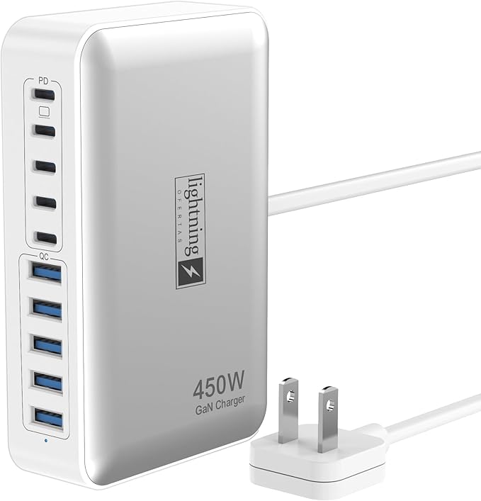 USB C Charger Hub 450W 10 Ports Charging Station for Multiple Devices Type C Port 140W Max for Laptops Super Fast Charging GaN Tech Charging Blocks Comapct Design Ultra Slim Flat Plug
