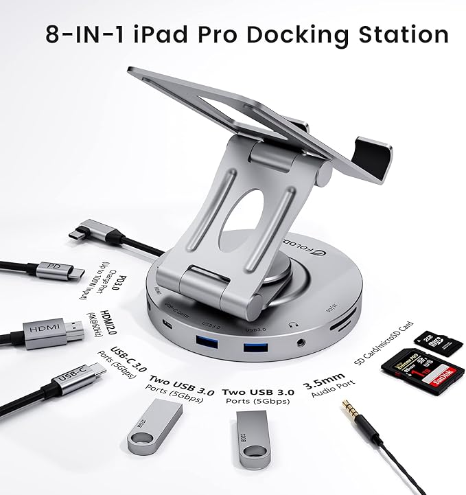 USB C Hub for Ipad Pro Docking Station FOLODA 8-in-1 Rotatable Folding Type-C Tablet Stand with 4k HDMI USB C 3.0 Data Port 2*USB A 3.0 100W PD Charging 3.5mm Aux for Ipad Pro/Phone 15/Galaxy Tab
