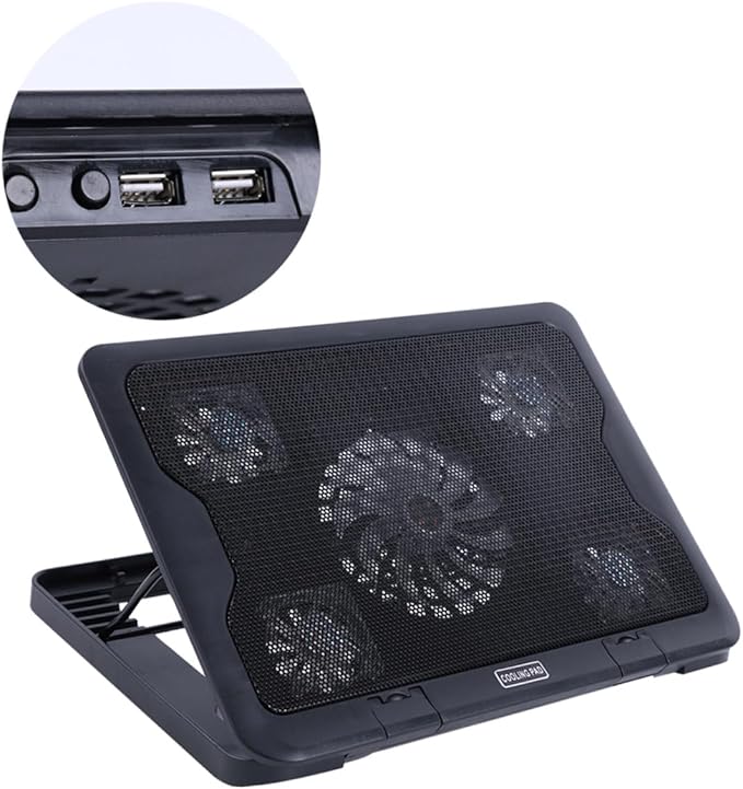 USB Laptop Cooling Stand 5 Fans Cooler with Adjustable Multi-Angle Base Anti-Skid Heatsink Bracket for Gaming and Office Use Black