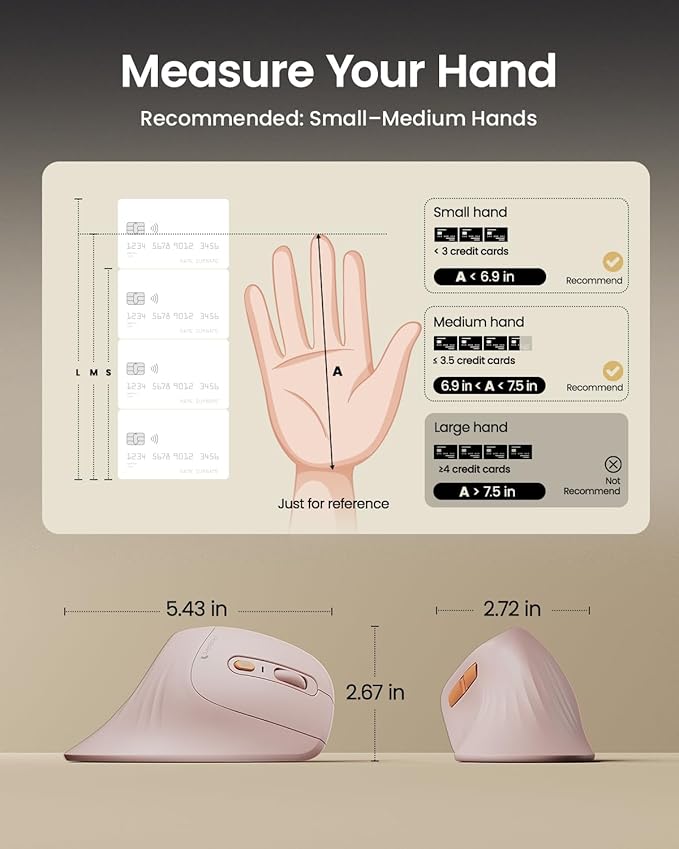 ProtoArc Ergonomic Mouse EM11 NL Bluetooth Rechargeable Wireless Vertical Mouse 3 Multi-Device Connectivity for Computer/PC/Laptop 2.4GHz USB-A Optical Mice for Windows Mac OS Pink