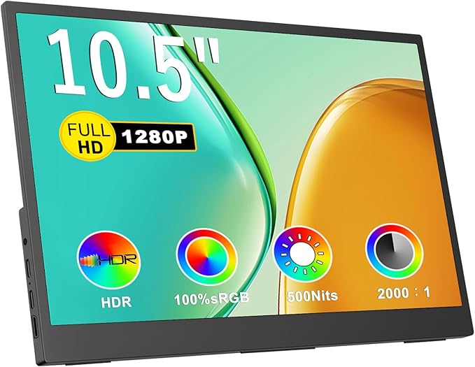 IBW Small Portable Monitor 10.5 500 Nits 2000:1 FHD 1280P IPS Screen Ultra-Slim Mini Monitor w/Kickstand &amp Dual Speaker USB C HDMI HDR Portable Gaming Monitor Travel Monitors for Laptop PCs