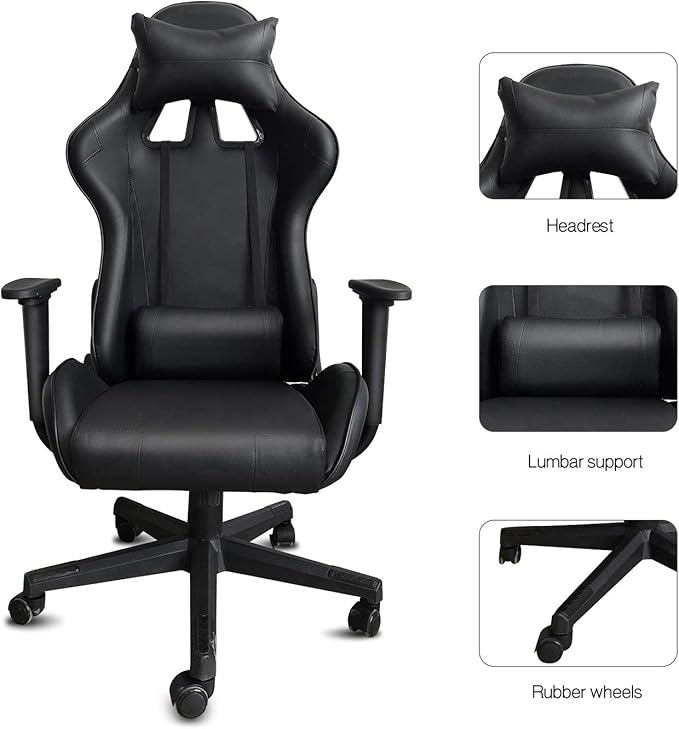 Modern-Depo Gaming Chair with Headrest and Lumbar Support Height Adjustable Swivel Office Chair High-Back Recliner Black