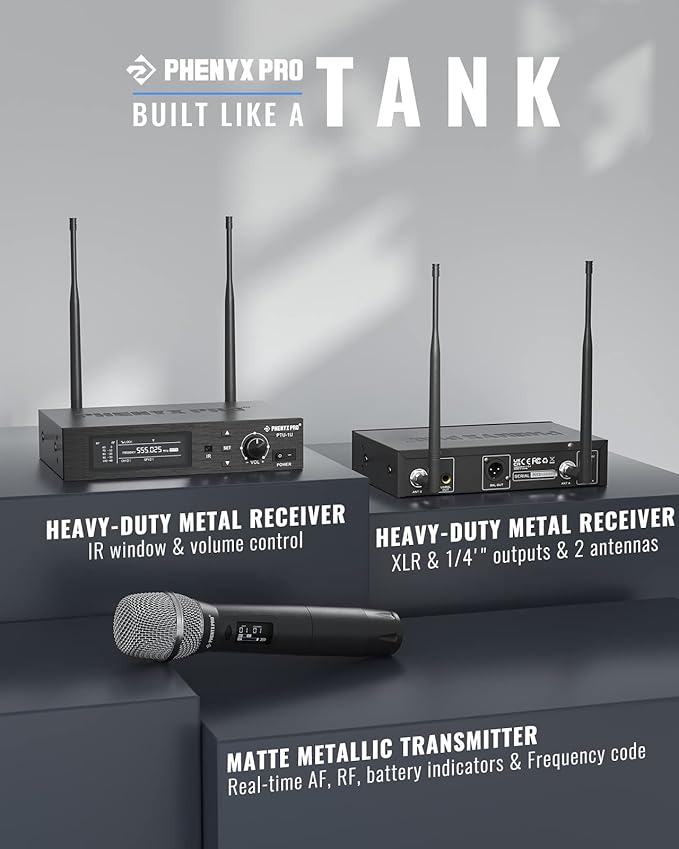Phenyx Pro True Diversity Wireless Microphone System w/ 1000 Tunable Channels Single Cordless Mic Set w/Auto Scan UHF Professional Dynamic Microphone for Singing Stage &amp Studio (PTU-1U)