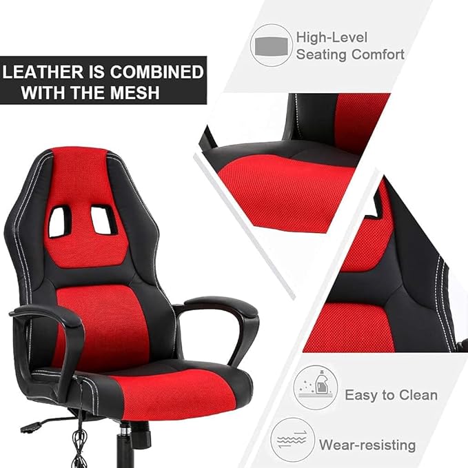 Racing Gaming Chair Ergonomic Video Game Chair with Massage Lumbar Support Headrest Armrest High-Back Adjustable PU Leather Rolling Swivel Computer Desk Chair for Home Office (Red)