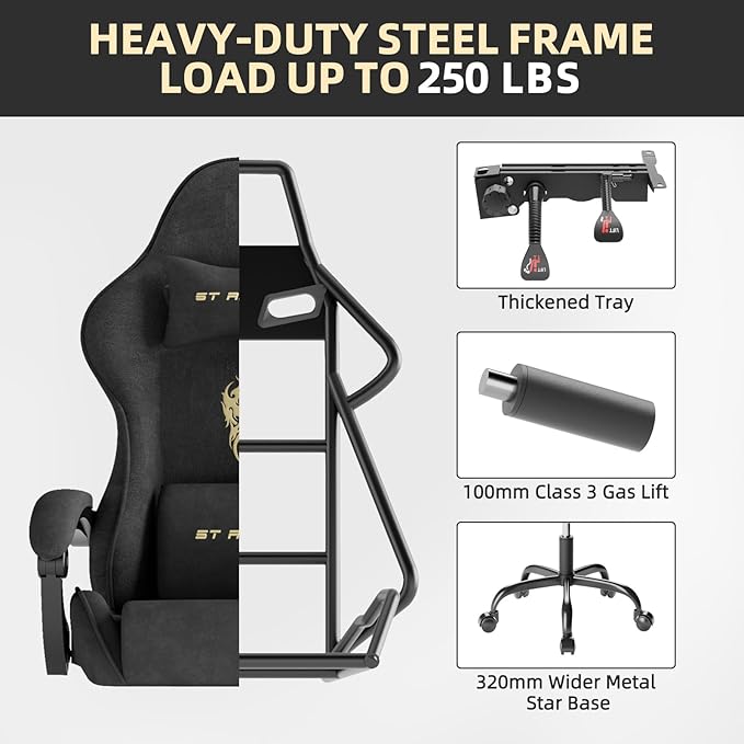 Ferghana Velvet Fabric Gaming Chair Ergonomic Gamer Chair for Adult Comfortable Video Game Chair with Footrest and Massage Lumbar Cushion Racing Reclining Office Home Computer Desk Chair Black