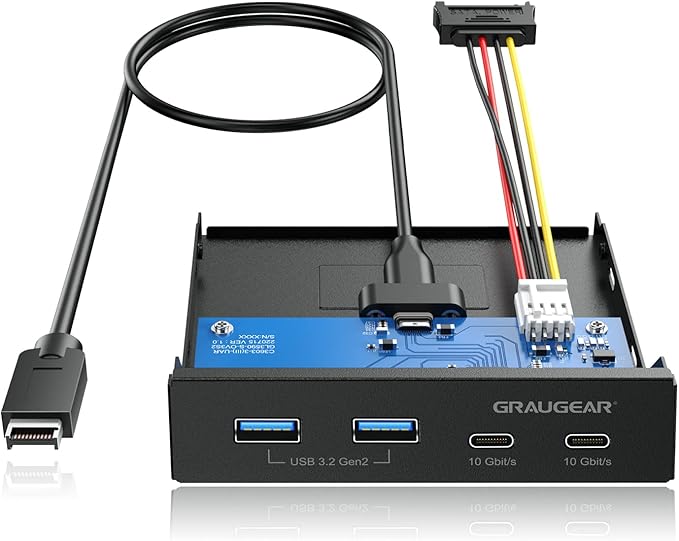 GRAUGEAR 3.5 Inch Front Panel Hub 4 Ports Internal Metal USB Hub 2X USB-C 10Gbps and 2X USB 3.2 Gen 2 Ports USB3.2 Type-E Key-A 20-Pin Header &amp 15-Pin SATA Power Connector Required [G-MP02]