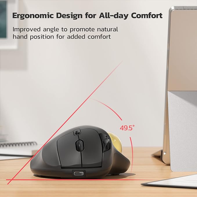 Nulea M501 Wireless Trackball Mouse Rechargeable Ergonomic Easy Thumb Control Precise &amp Smooth Tracking 3 Device Connection (Bluetooth or USB Receiver) Compatible for PC Laptop Mac Windows