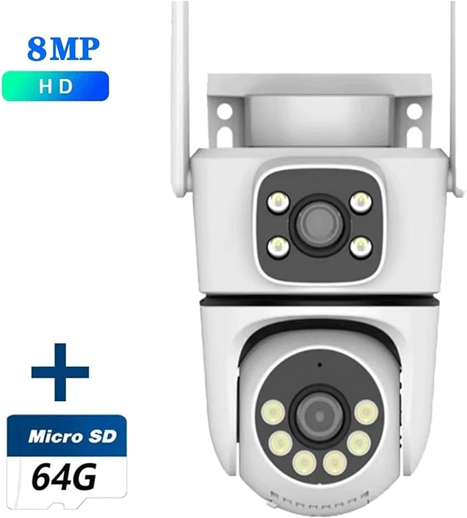 10MP Dual-Lens 5G WiFi Camera PTZ Outdoor 4K HD Dual Screen Home Security-Protection Camera Color Night Vision Surveillance(EU Plug8MP with 64G Card)