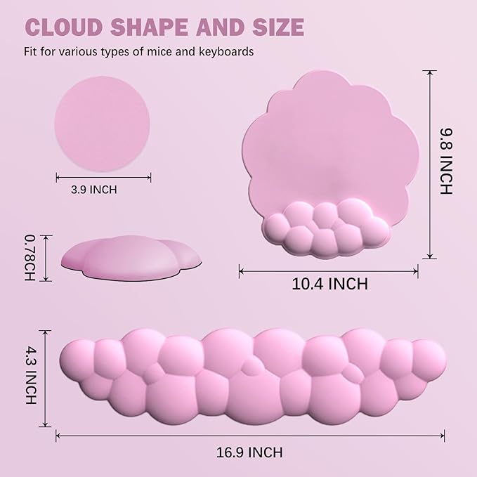 Cloud Keyboard Wrist Rest and Mouse Pad with Wrist Support Set Ergonomic PU Leather Mouse Pads Pain Relief Memory Foam Non-Slip Mousepad for ComputerLaptopPink