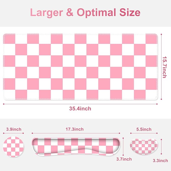 Pastel Pink White Checker Mouse Pad Set 4 in1 Ergonomics Keyboard Desk Mat with Memory Foam Wrist Rest Extended Game Mousepad Non-Slip Large Gaming Desk Pad Matt Easy Typing Pain Relief