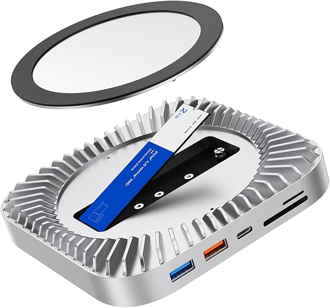 Mac mini M4 Dock Aluminum Mac mini Stand and HDMI Hub for Mac mini M4 and M4 Pro 2024 with M.2 NVMe/SATA SSD Enclosure 4K60Hz HDMI10G USB A/C 5G USB A*2 USB-C Charge SD/TF Audio